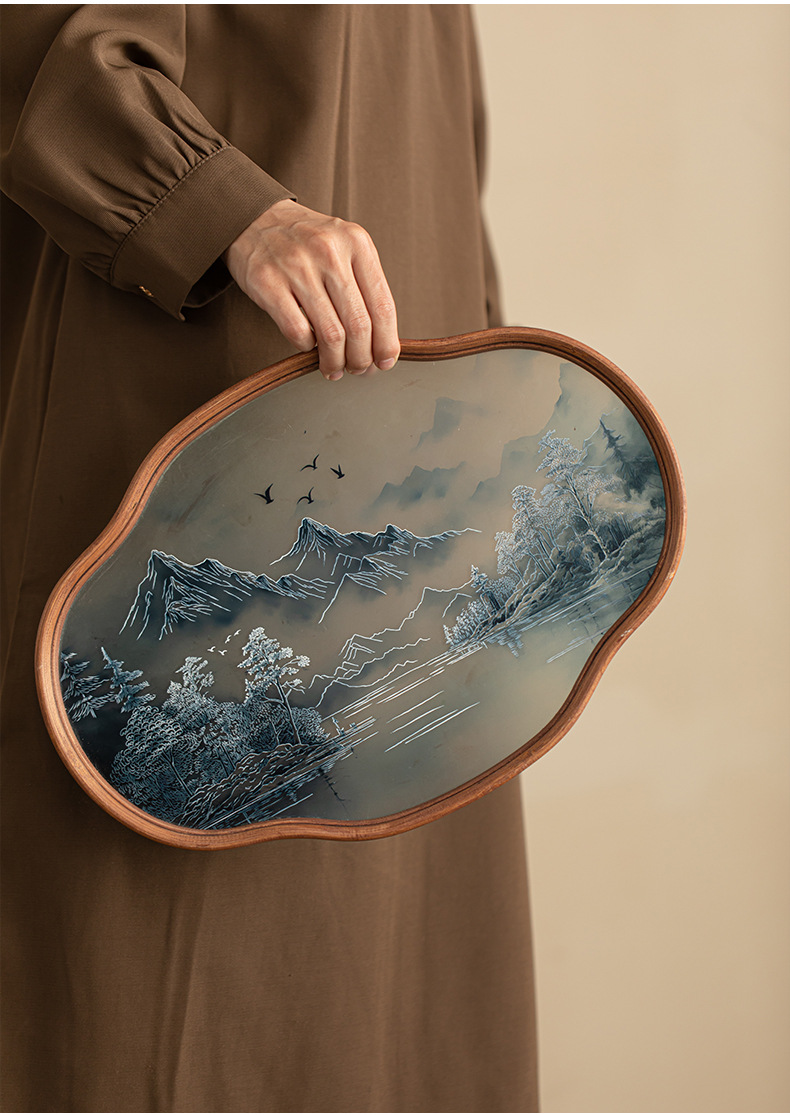 国潮山水玻璃托盘壶承茶盘家用新中式复古山水水墨风海棠花型详情14