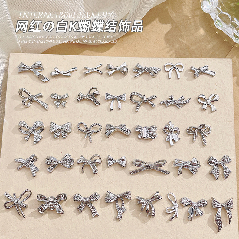 New white K bow nail art accessory, a popular light luxury three-dimensional alloy butterfly bow tie accessory for diy nail decoration pic 2