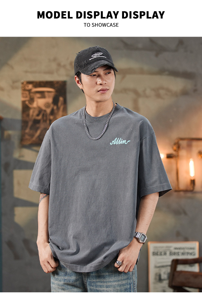 ALLIN pure cotton heavy-duty short-sleeved T-shirt for men, a summer trendy brand with three-dimensional printed letters and loose round-neck couple tops pic 1