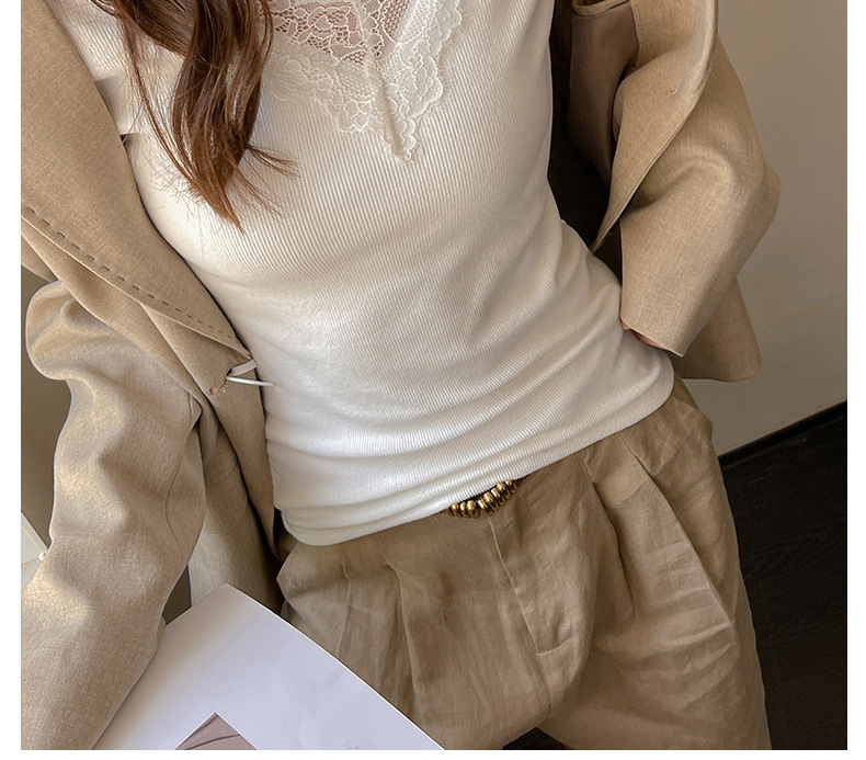 A lace-trimmed V-neck long-sleeved base layer for women, paired with a German fleece, brushed, and slimming design off-the-shoulder T-shirt for autumn and winter pic 16