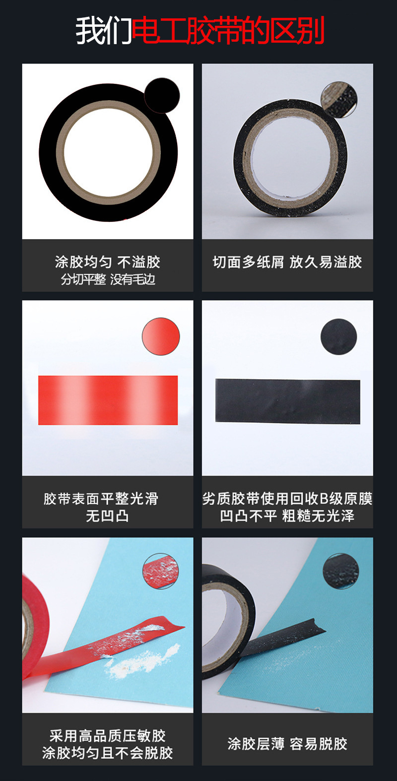定制pvc电工胶带高粘黑彩色电胶布环保阻燃电线电缆电气维修绝缘详情5