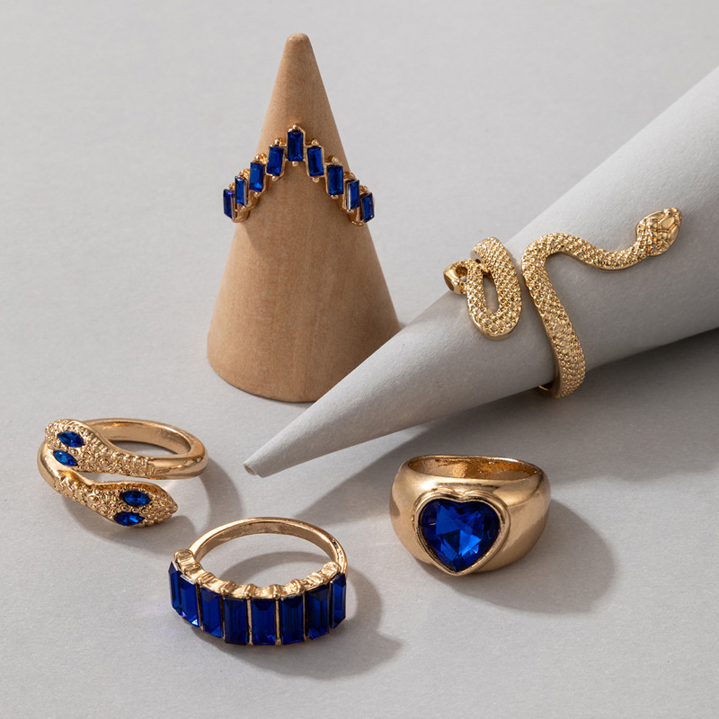 欧美流行饰品戒指手饰 蛇形爱心仿绿宝石镶钻ins风五件套戒指女详情8