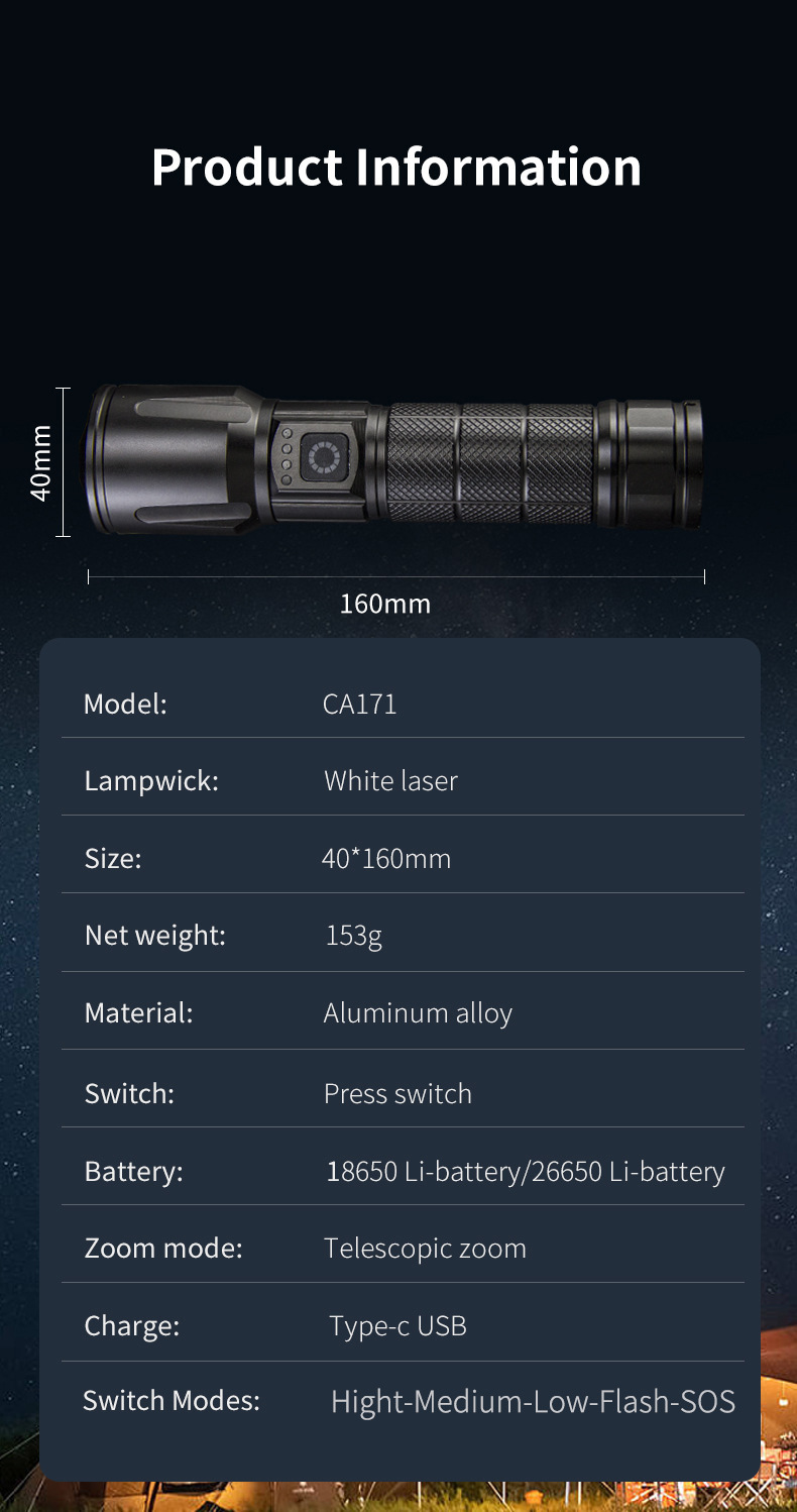 跨境抖音快手热卖工厂批发铝合金强光手电快充变焦远射激光手电筒详情13