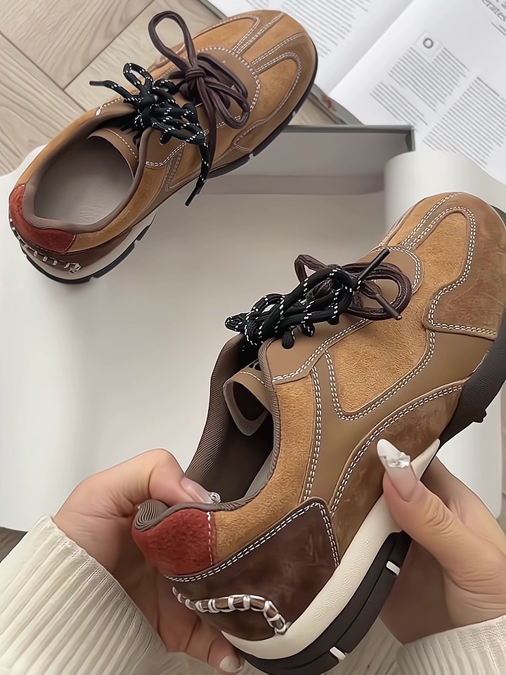 牛皮版~厚底德训鞋女2024秋季款百搭运动休闲板鞋棕色复古阿甘鞋详情8