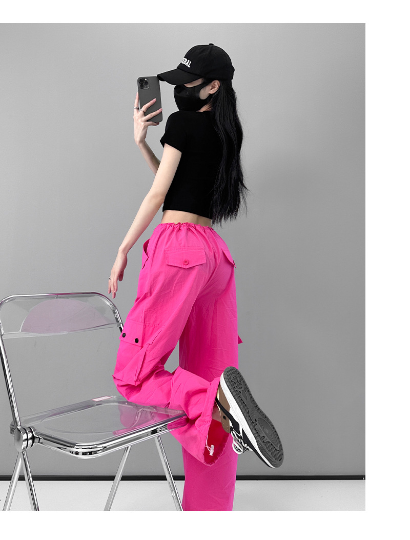 美式复古粉色高腰直筒工装裤女2023夏季辣妹新款休闲高街薄款裤子详情9