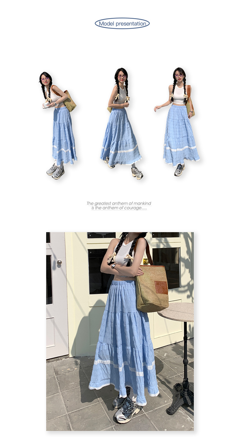Fashionable lace-edge forest-themed A-line long dress for Spring/Summer 2024, high-waisted sweet blue checkered loose and versatile half skirt pic 4
