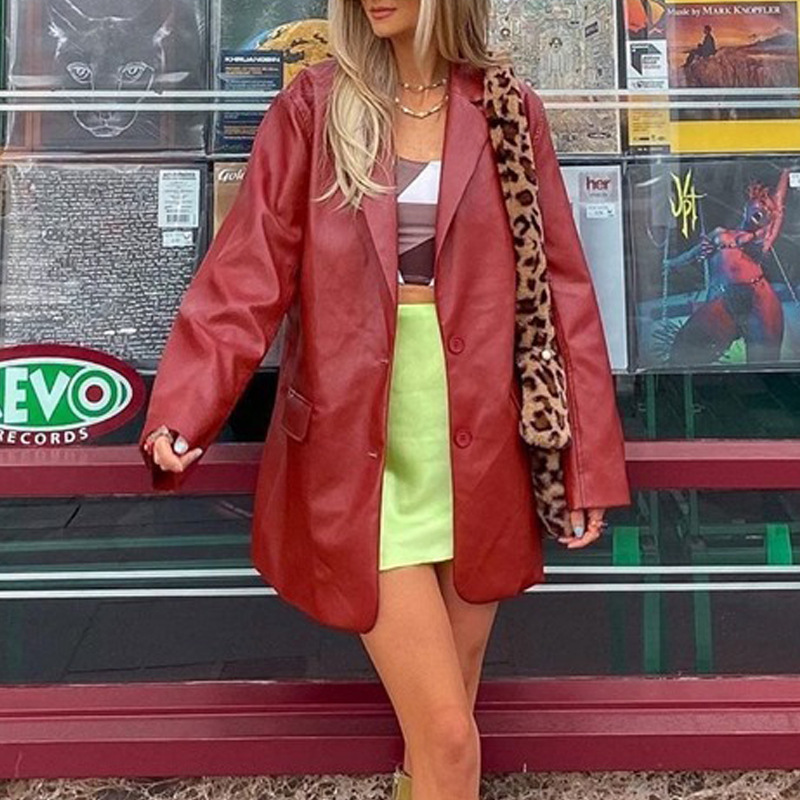 2023亚马逊女款皮衣秋冬新款 欧美黑色外套休闲保暖西装夹克女装详情23