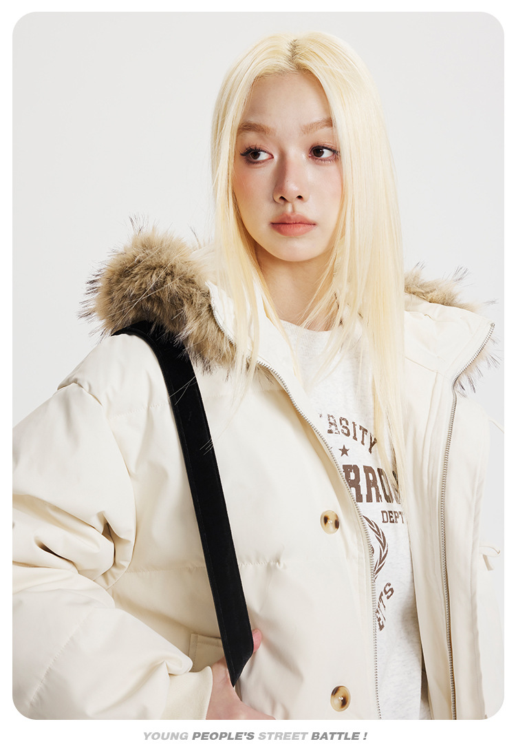 CATTEE美式复古90白鸭绒毛领连帽羽绒服男女冬季防寒保暖短外套潮详情11