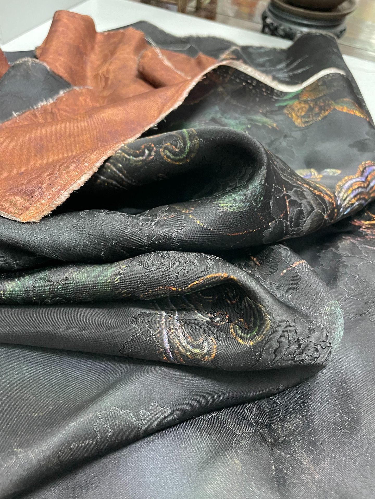 全人丝香云纱工艺布料新中式红云纱印花连衣裙套装旗袍提花面料详情6