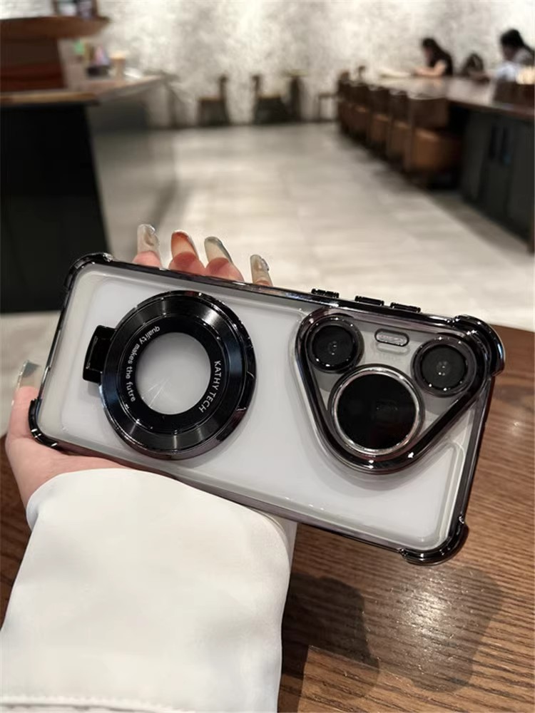 Compatible with Huawei Pura70Ultra phone case, transparent electroplated airbag, magnetic stand, p70Pro all-inclusive lens pic 3