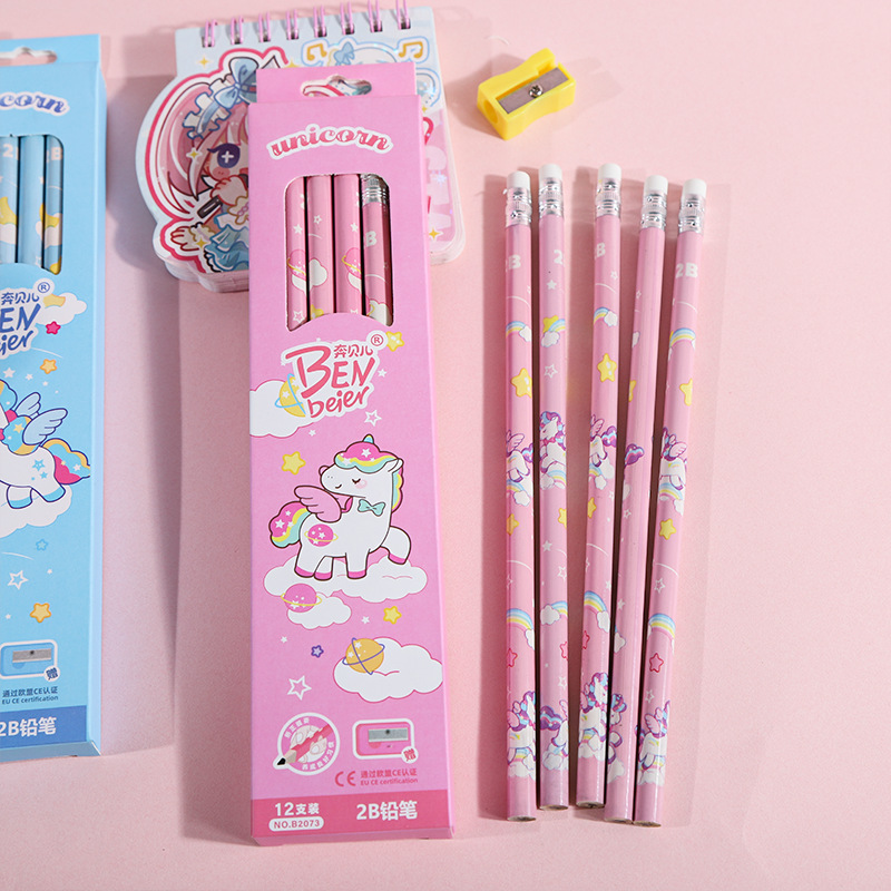 新款独角兽系列卡通可爱铅笔2b铅笔一盒带皮头卷笔刀学生文具铅笔详情7