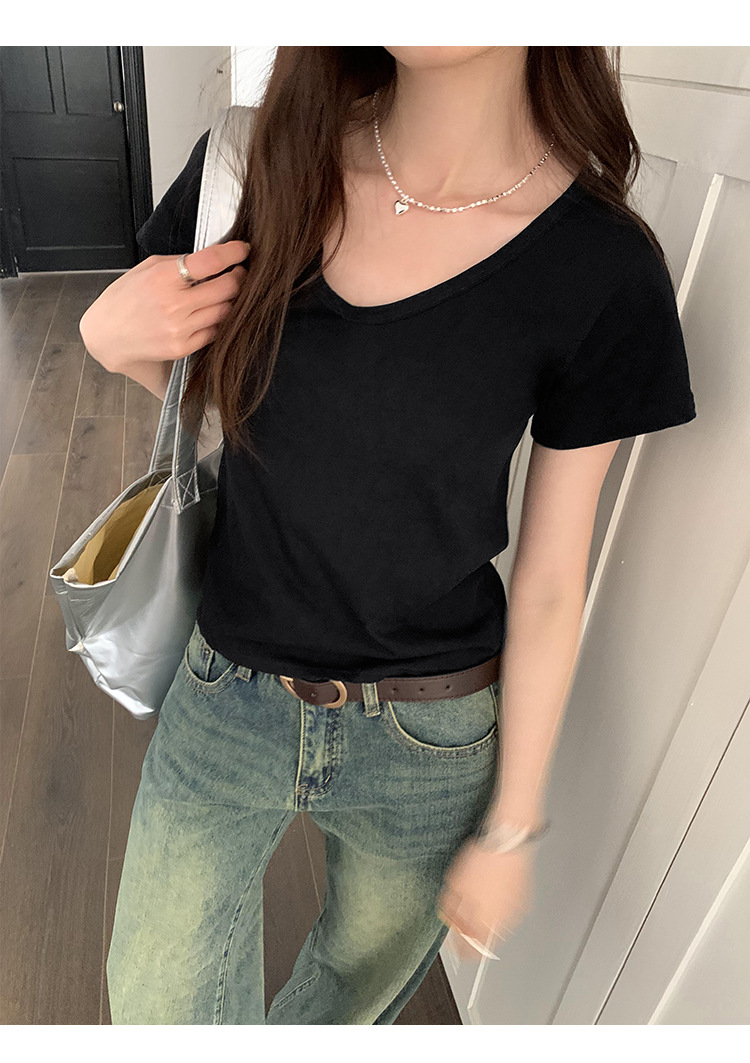 简约百搭V领纯色休闲短袖T恤女2024夏季新款轻薄透气宽松显瘦上衣详情33