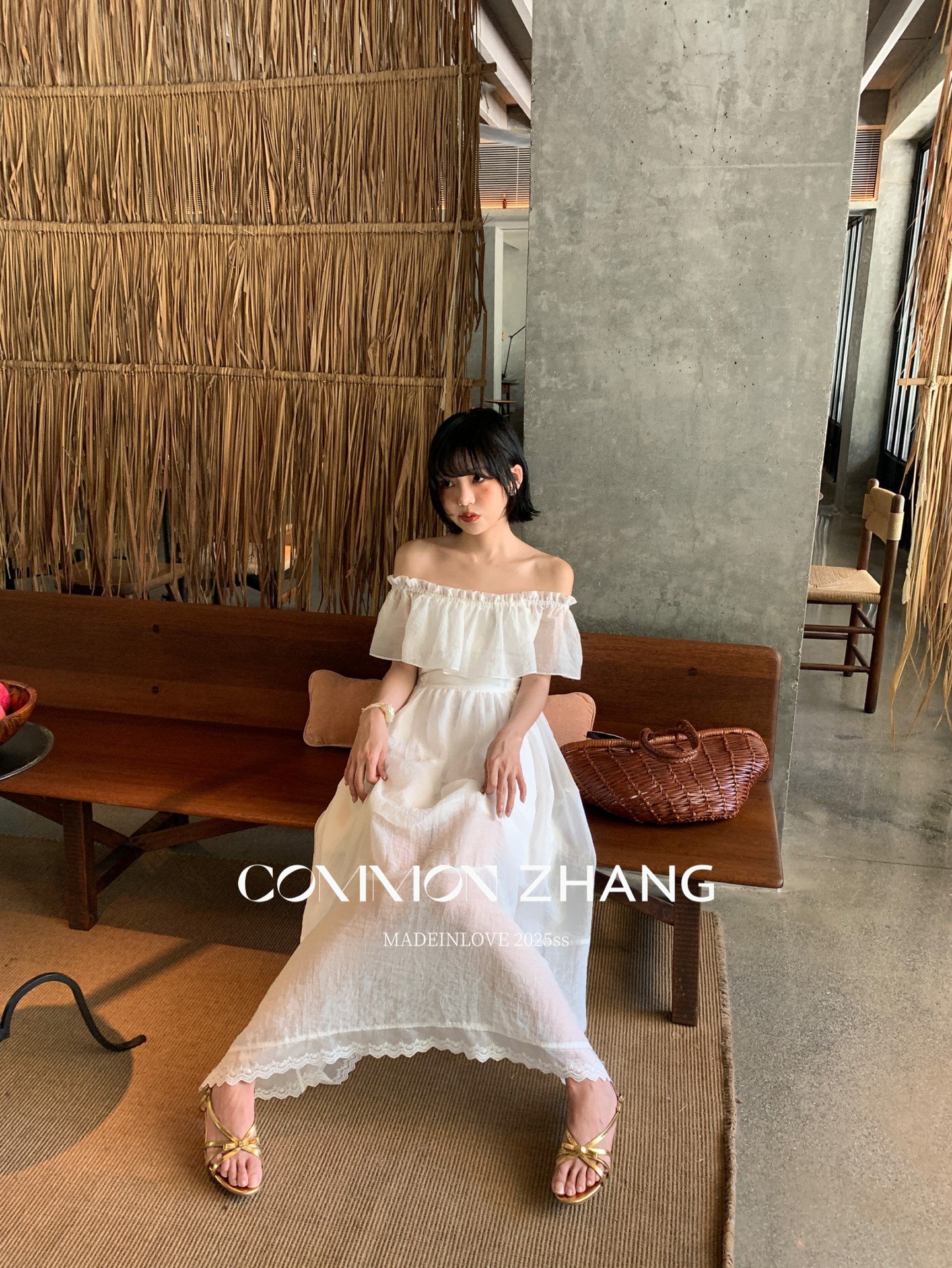 CZ ZHANG Summer French lace patchwork one-shoulder off-the-shoulder sexy slightly transparent texture dress for women B26857 pic 15