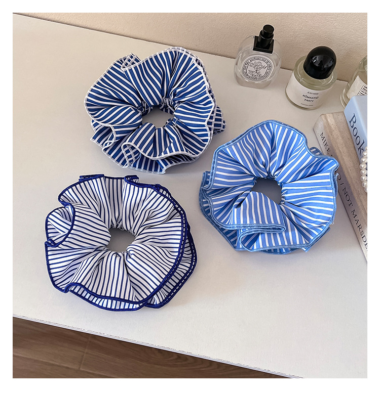 韩式蓝色条纹双层大肠发圈女时尚低马尾发绳学院风头绳皮筋头饰品详情13