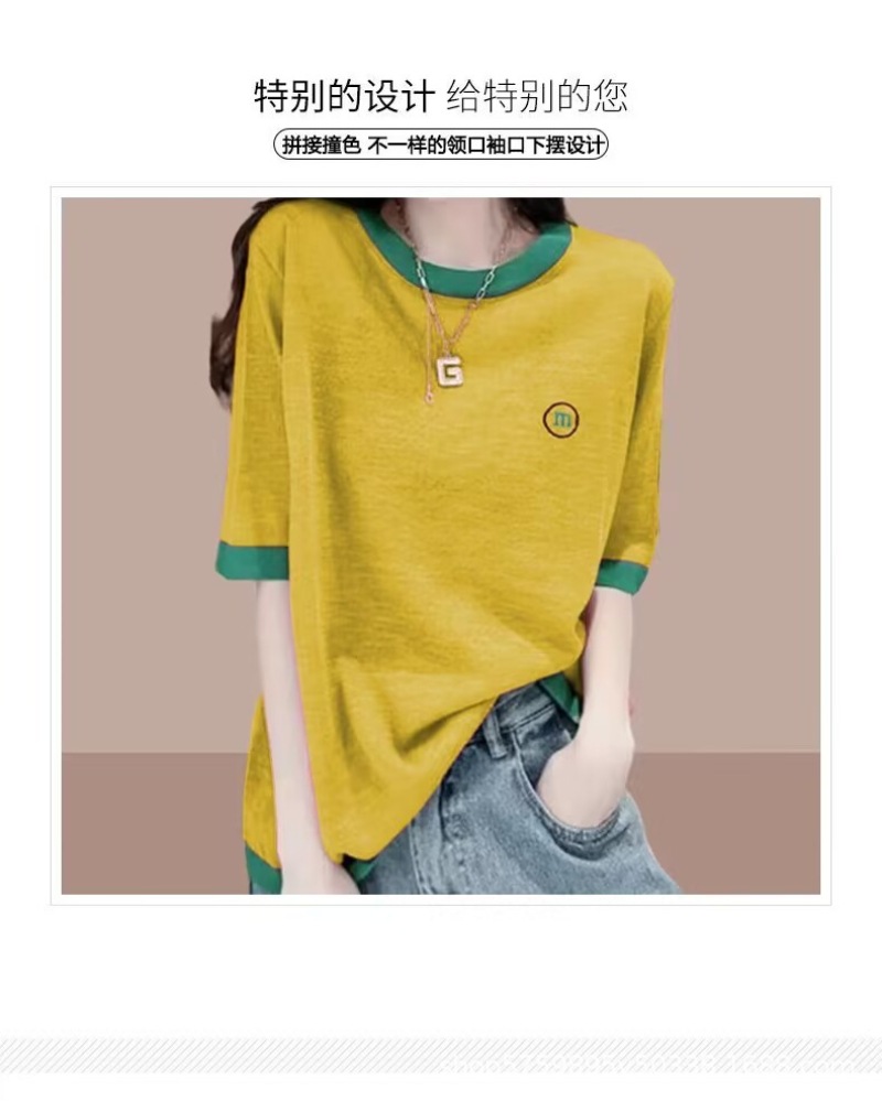 短袖竹节棉T恤女2025春夏新款薄款大码宽松休闲拼接半袖上衣女装详情2