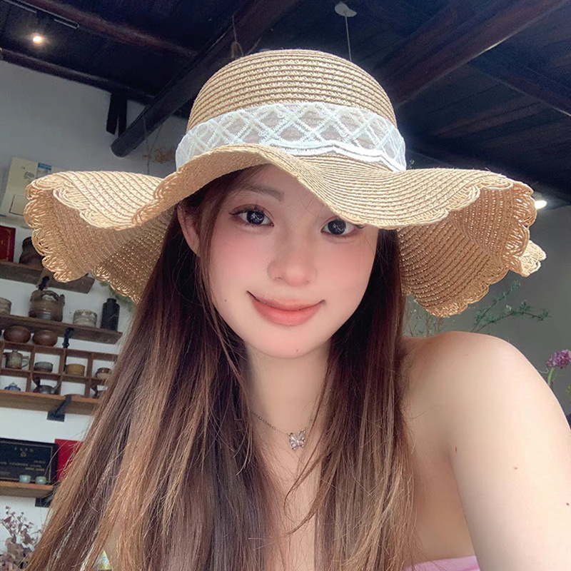 春夏遮阳草帽网格蕾丝百搭出游海边沙滩帽镂空蝴蝶结甜美帽子详情2