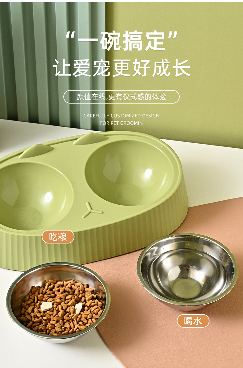 Pet stainless steel double-bowl dog food set, large-capacity dog bowl, anti-slip and anti-knock cat bowl, cervical spine protection pet supplies pic 4