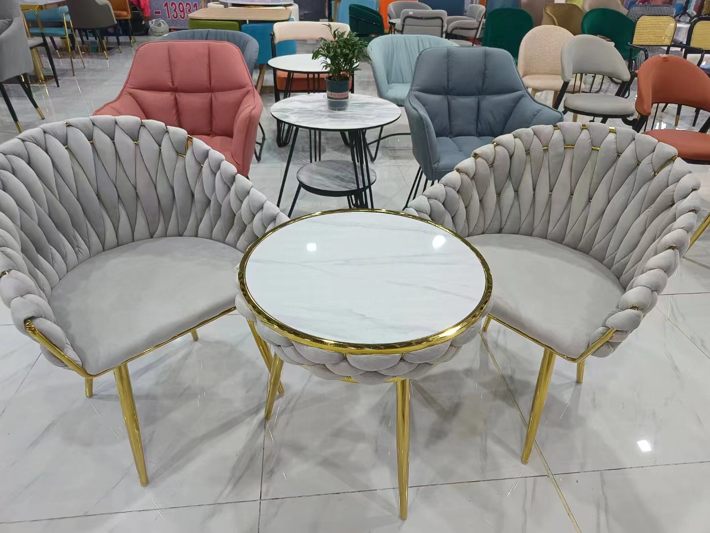 Starlight woven chair for balcony, Nordic ironwork gilded light luxury rattan woven table and chairs, popular coffee shop, golden personality, simple and elegant pic 1