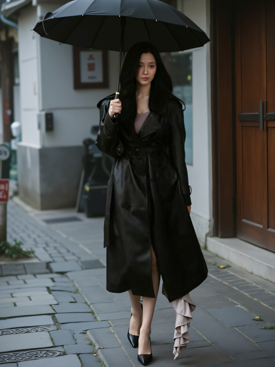 杨超越同款外贸黑色风衣女高级感2024新款长款高个子PU皮外套大衣详情8