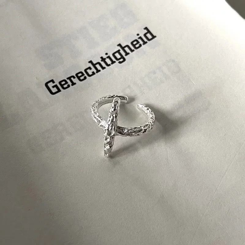 S925 sterling silver 3.1, versatile and unique texture meteorite ring, high-end feel, cross chain open ring, European and American style pic 4