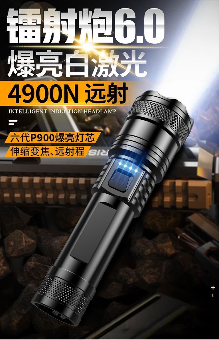 抖音跨境款强光手电筒电显可充电远射伸缩调焦高亮户外照明可代发详情1