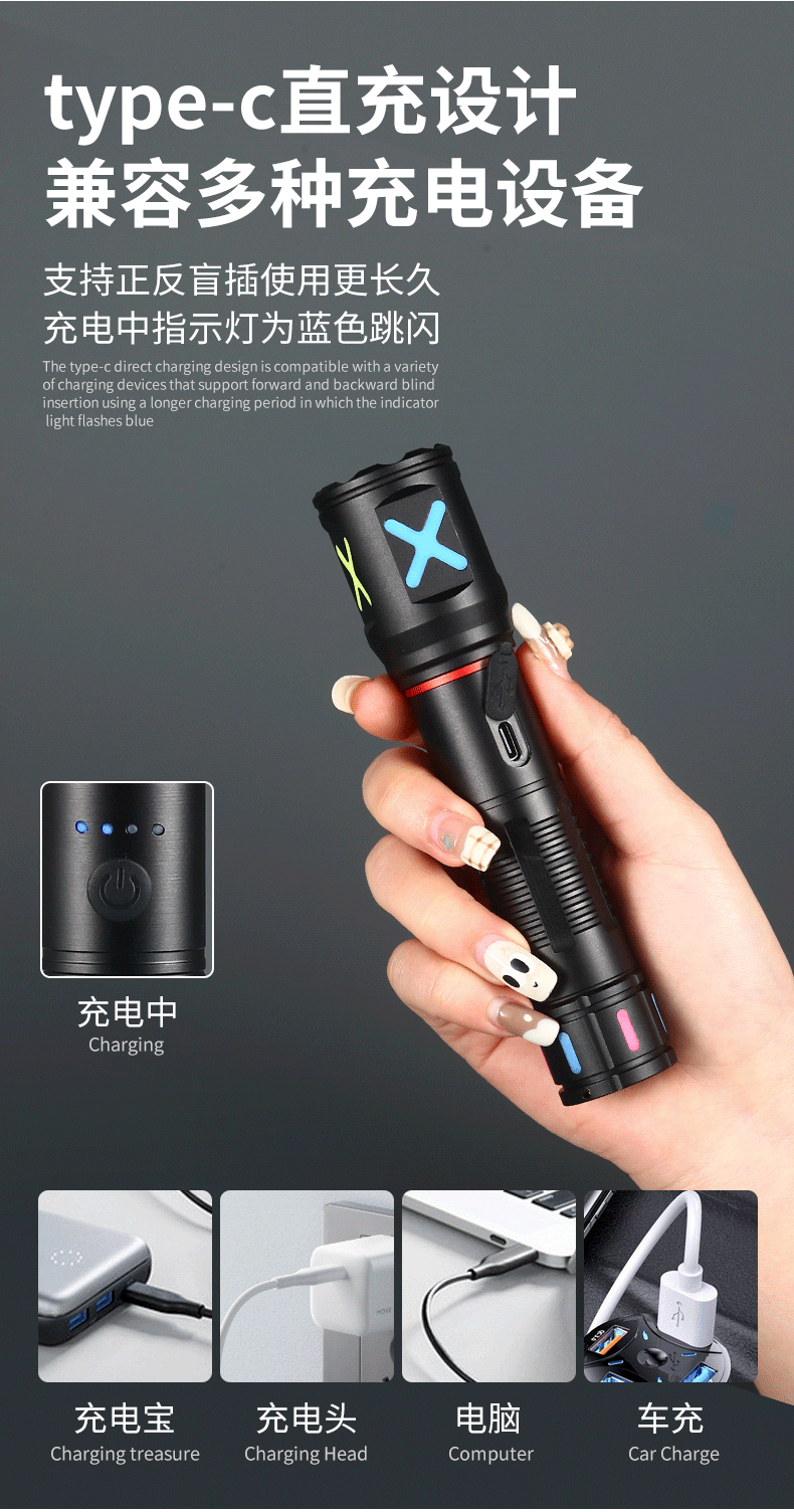A cross-border best-selling Pailide high-intensity flashlight with a fluorescent strip, telescopic zoom, and an aluminum alloy long-range white laser flashlight pic 9