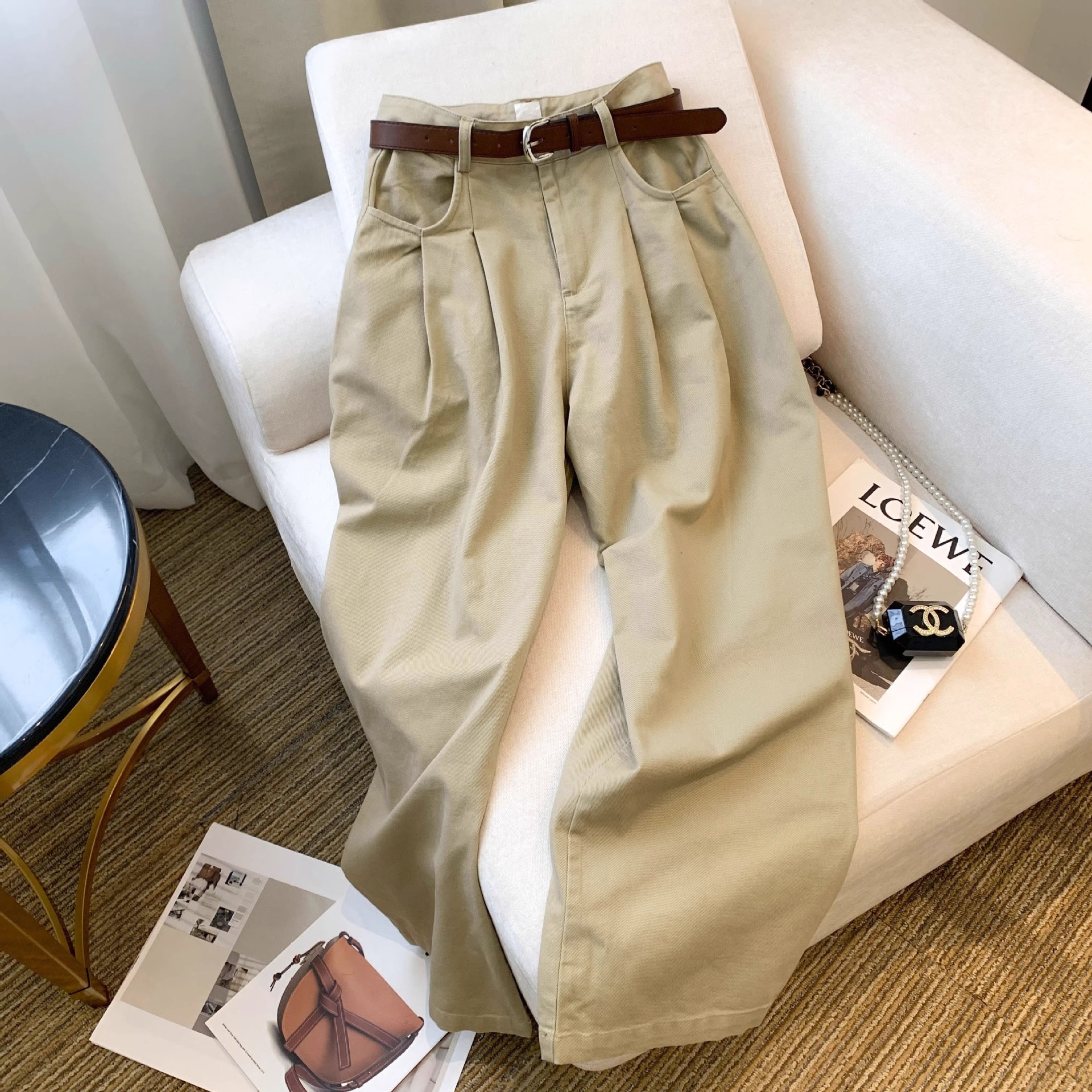 卡其色休闲裤女牛仔拖地裤2025新款高腰显瘦宽松阔腿直筒裤长裤子详情2