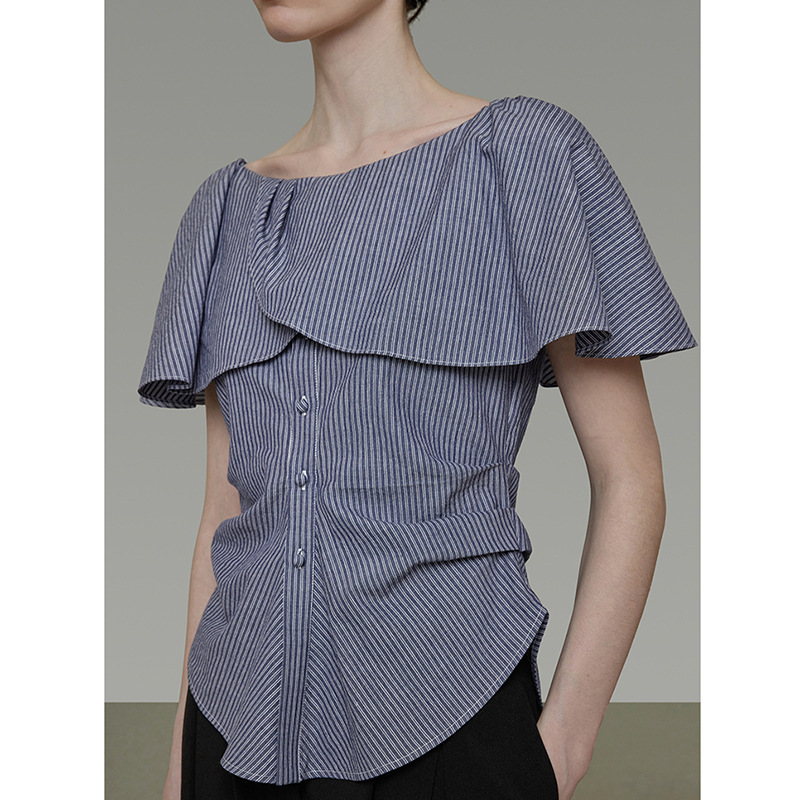 现货UNSP一字肩花边条纹短袖衬衫女2025夏季新款气质收腰显瘦上衣详情5