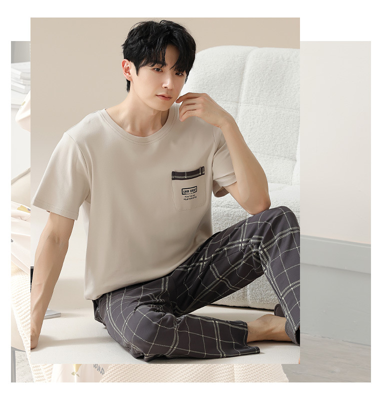 Summer pure cotton pajamas for men, cartoon casual short-sleeved shirts and long pants, pure cotton comfortable home wear, summer youth student set pic 19