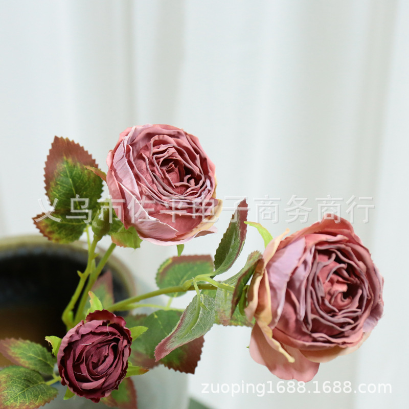 3头烤边玫瑰仿真花家居客厅装饰绢花玫瑰花拍摄道具花橱窗花批发详情3