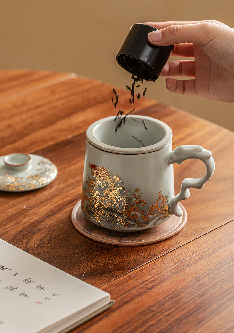 Rongshantang Gilded Ru Kiln office cup, Ceramic belt filter Ru Kiln tea cup, tea-water separation business conference tea cup pic 19