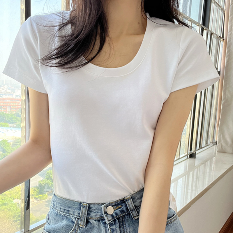 【高品质纯棉】u领收腰正肩显瘦大领口修身短袖T恤女打底衫上衣夏详情16