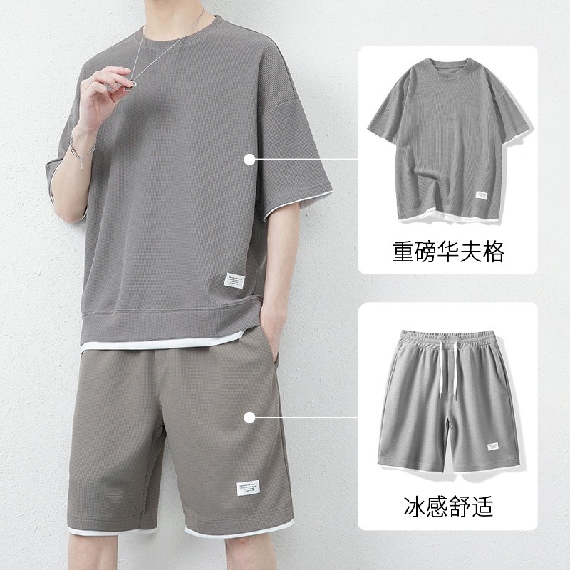 华夫格休闲套装男士夏季青少年大码男装运动短袖短裤搭配一套T恤详情9