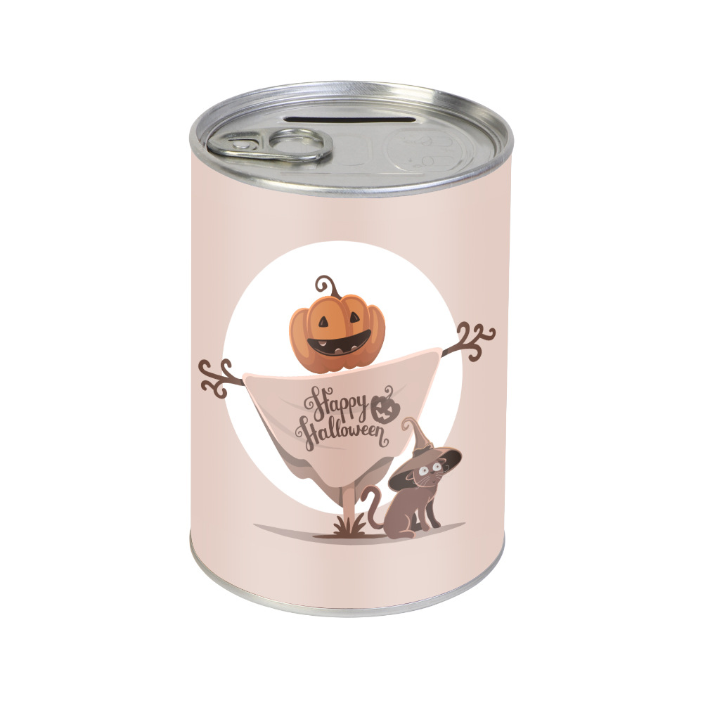 Halloween patterned easy-pull lid piggy bank, 7.5 diameter, circular iron piggy bank, tinplate printing pic 2