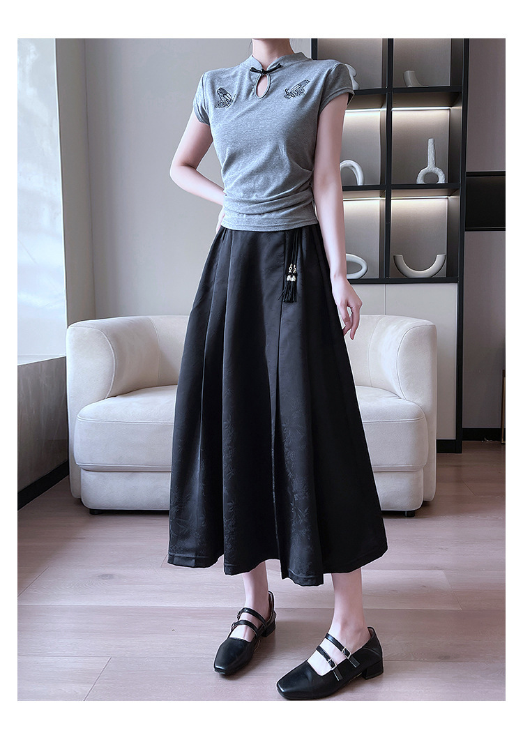 New Chinese-style satin skirt for women in spring and summer, gentle, high-waisted, slimming, large swing, retro jacquard, Chinese-style horse face skirt, Chinese trend pic 20