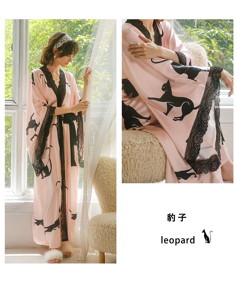 Feiyun retro leopard print lace patchwork sexy long bathrobe Pink silk lace-up Home gown 943 pic 10