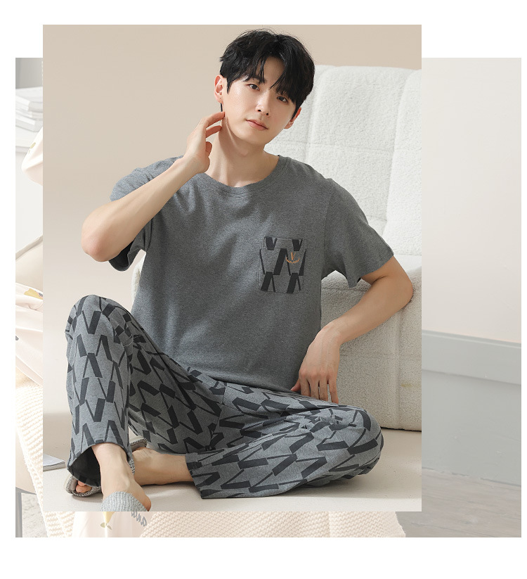 Summer pure cotton pajamas for men, cartoon casual short-sleeved shirts and long pants, pure cotton comfortable home wear, summer youth student set pic 96
