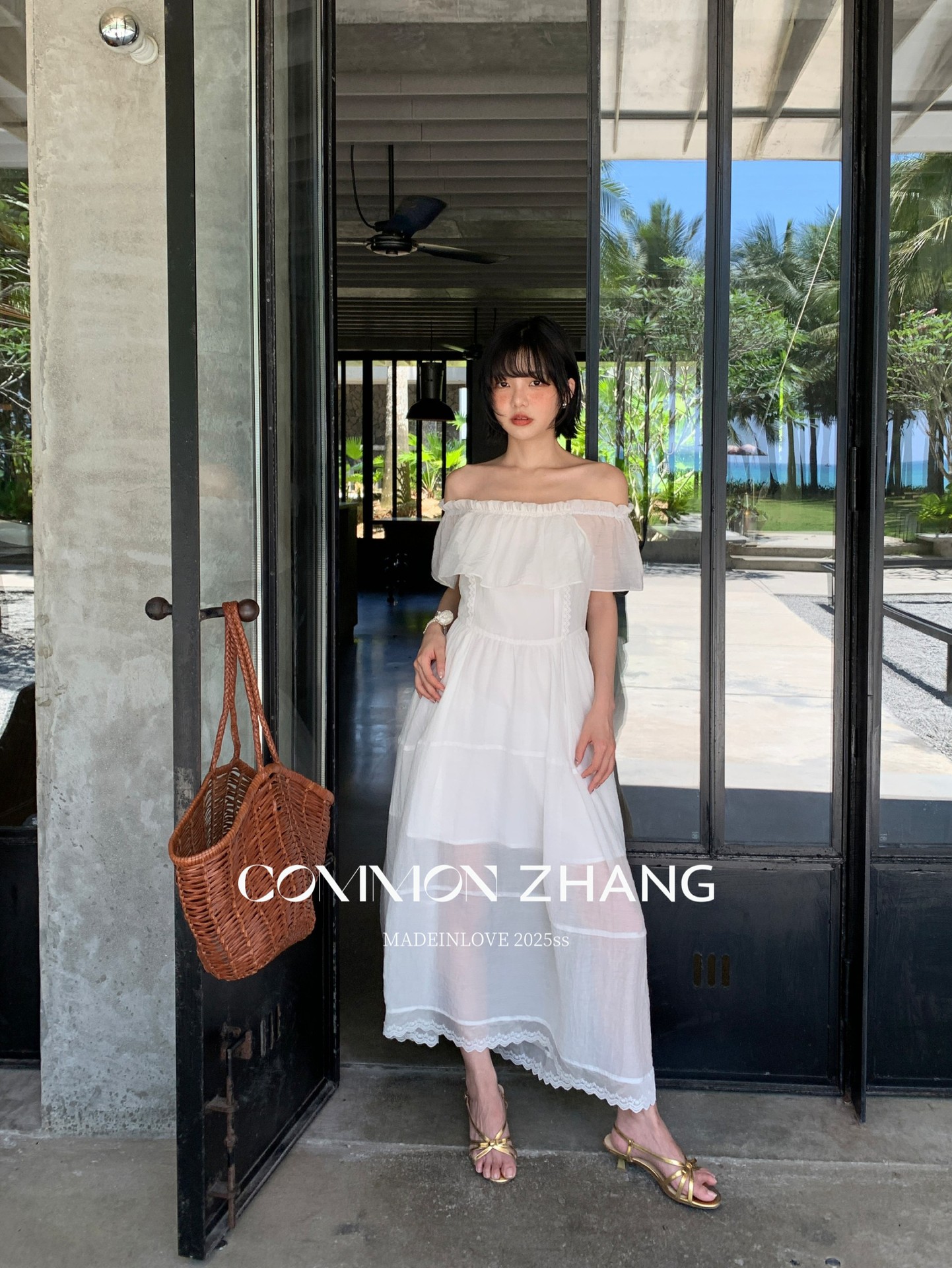 CZ ZHANG Summer French lace patchwork one-shoulder off-the-shoulder sexy slightly transparent texture dress for women B26857 pic 11