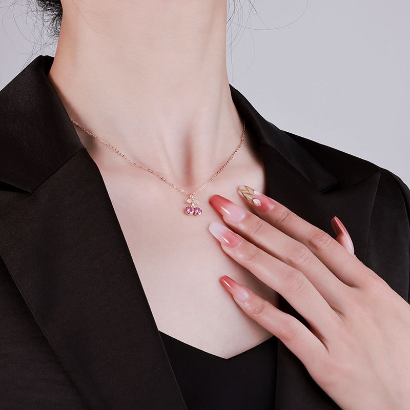 925通体纯银甜美樱桃吊坠玫瑰金粉色莫桑石项链简约百搭夏锁骨链详情13