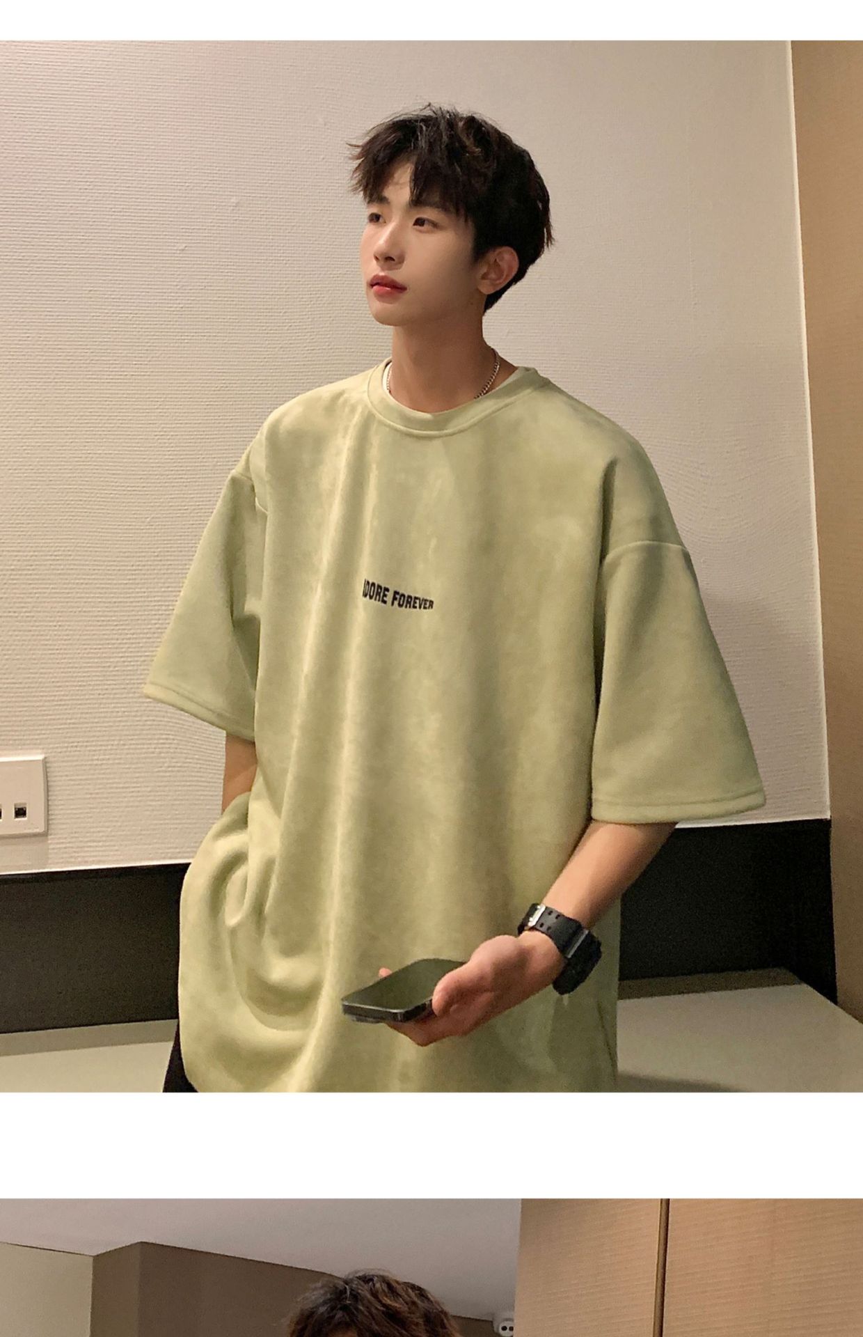 Avocado Green 320g heavyweight T-shirt for men, American retro suede short-sleeved, oversized small collar, three-quarter sleeve pic 8