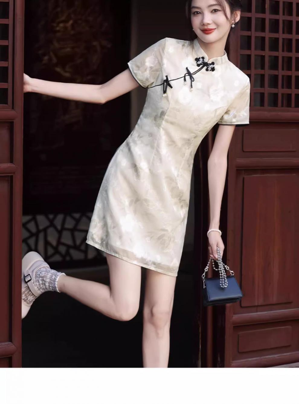 New Chinese-style printed dress for petite women in summer 2024, improved cheongsam short skirt pic 6
