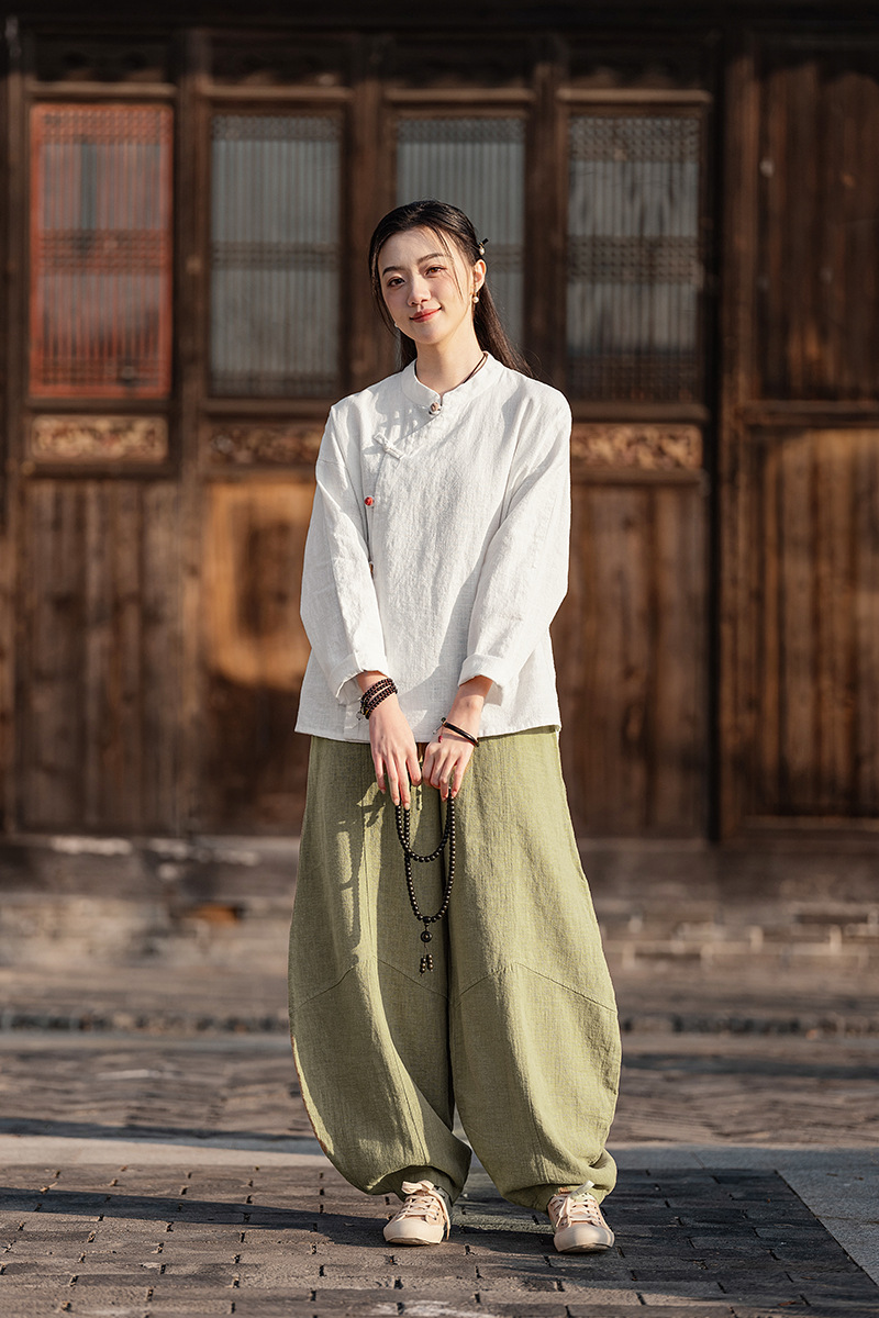 2025春夏新款棉麻女装复古立领偏襟拼色砂洗盘扣上衣长袖女式衬衫详情9