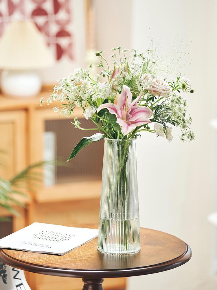 玻璃花瓶高级感简约创意透明竖纹塔玫瑰鲜花瓶ins风客厅插花摆件详情2