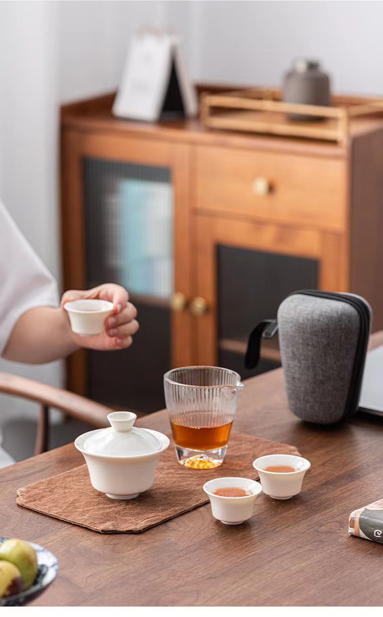 High-end jadeite porcelain outdoor travel tea set, ceramic quick guest cup, one pot, two or three cups portable gift pic 13