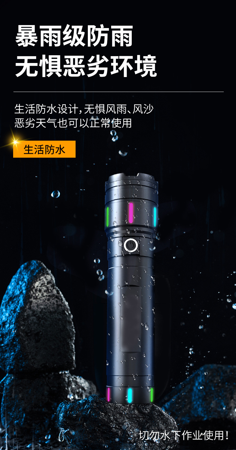 跨境新款强光铝合金手电筒充电便携长续航防水超亮变焦数显探照灯照明灯具专用LED防爆详情6
