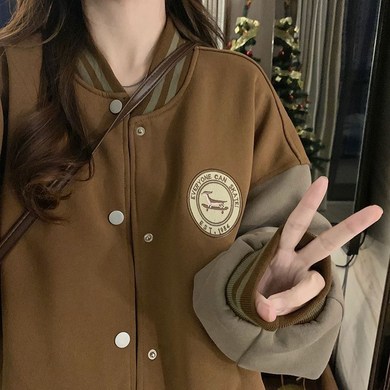 慵懒风棒球服外套女秋冬季加绒加厚复古宽松休闲开衫卫衣ins潮详情4