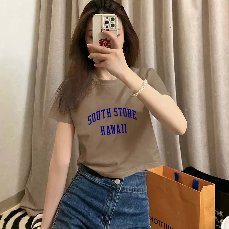 Pure cotton short-sleeved T-shirt for women, new summer style, high-waisted short, spicy girl style, slimming and petite, round-neck base layer pic 28