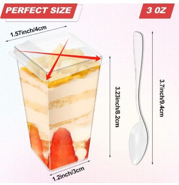 Disposable 3OZ square cup, mousse cup, plastic transparent square cup, pudding dessert cup, cross-border set with spoon and lid pic 5