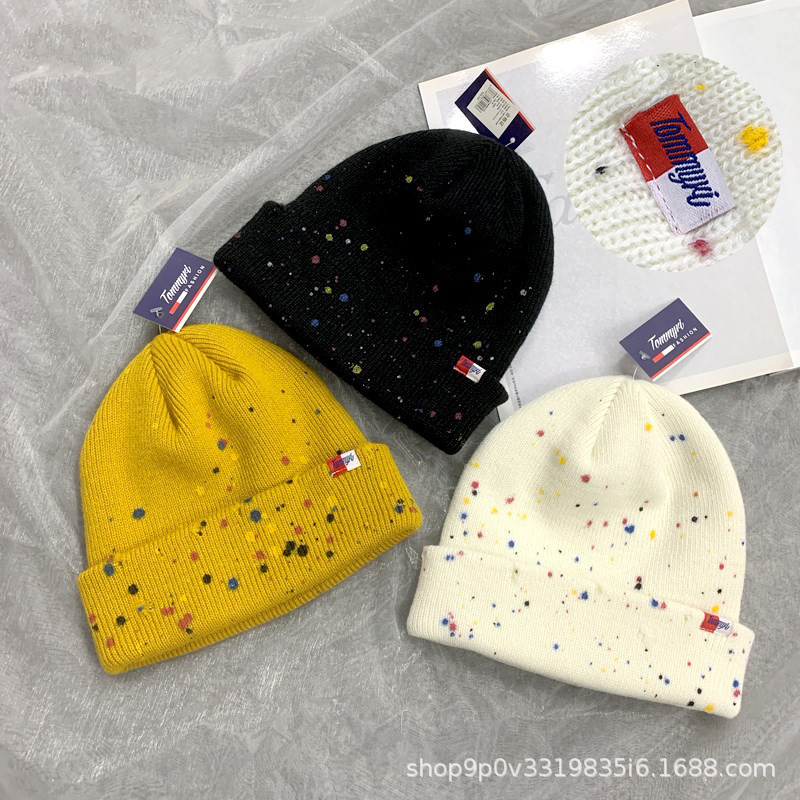 Nuevo versatil niche otoño invierno mujer sombreros de punto hechos a mano jet paint graffiti broken hole sombreros tendencia abrigos sombreros fríos hombres pic 6