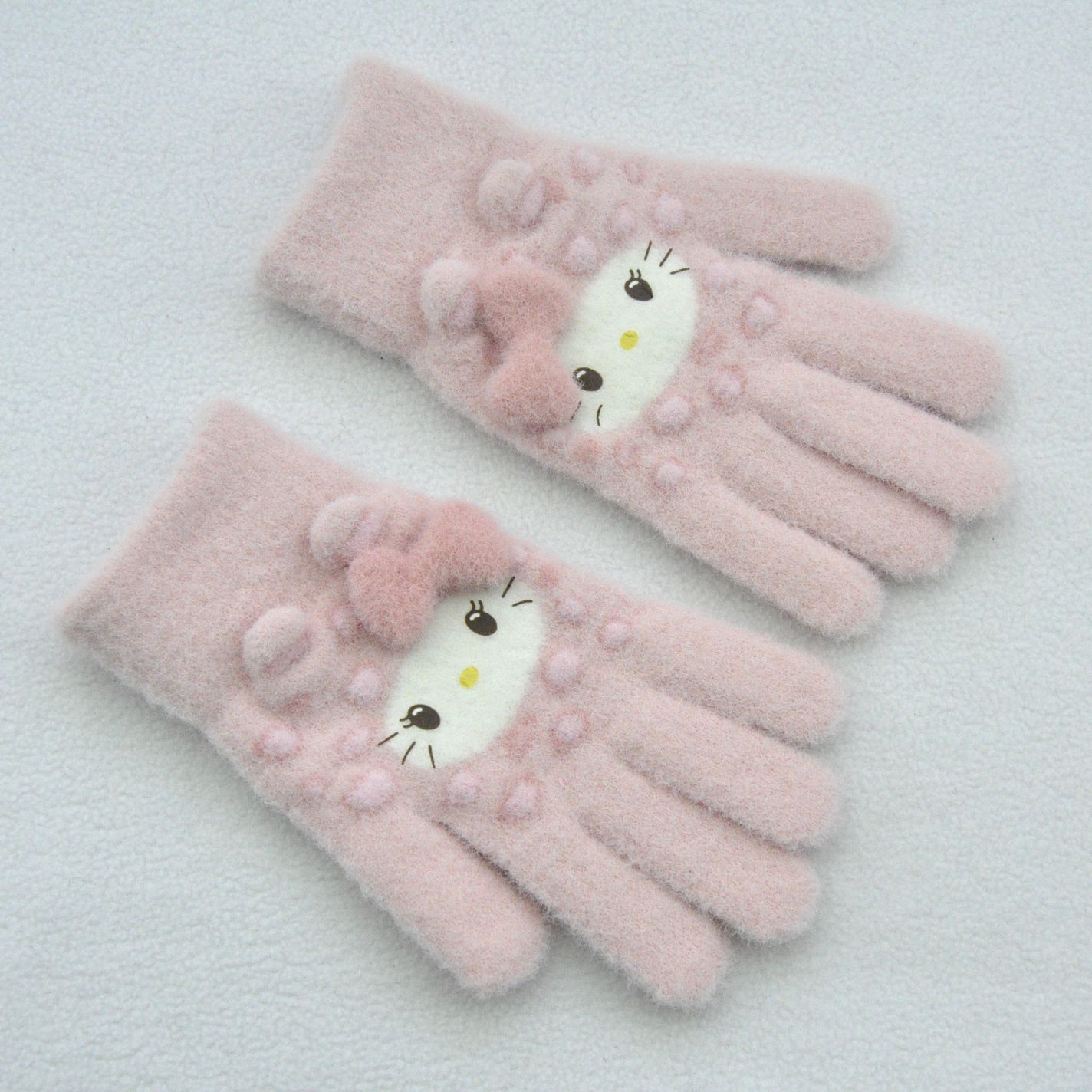 新款 加绒加厚女士可爱小猫咪提花针织手套骑车防风学生触屏手套详情7